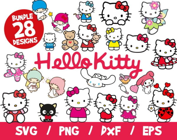 Hello Kitty 100 Character, Hello Kitty Svg , Hello Kitty Cricut, Silhouette, Cut File, Clipart, Dxf, Instant Download, Hello Kitty Birthday