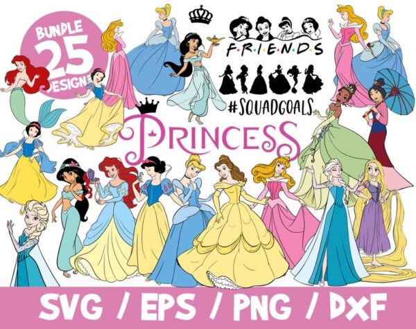 Disney Princess SVG Bundle, Disney Bundle SVG, Disney SVG, Princess Cricut, Princess Silhouette, Cinderella, Little Mermaid, Jasmin, Ariel