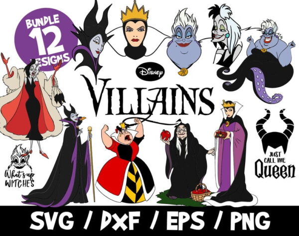 Disney Villains SVG Bundle, Halloween SVG, Villains Vector, Maleficent SVG, Cruella De Vil Svg, Ursula Svg, Evil Queen, What's Up Witches