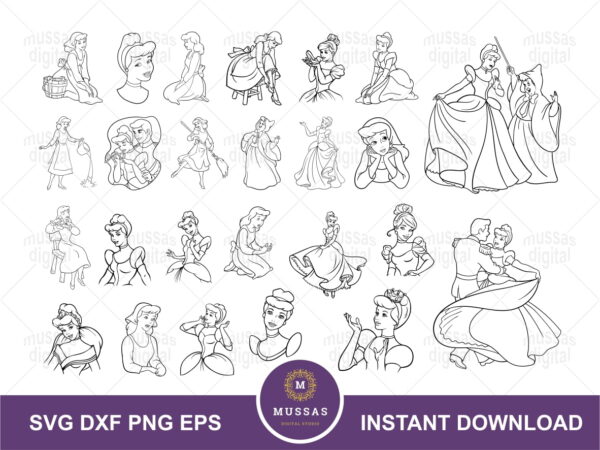 Cinderella Outline SVG Bundle Disney Clipart