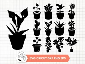 Flower In Pot SVG Set, Pot Silhouette Black, Flower PNG