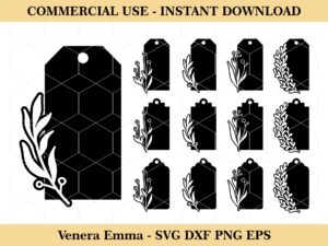 Hang Tag, Label, Leaves Gift Tag SVG Template, Label with Flower DXF