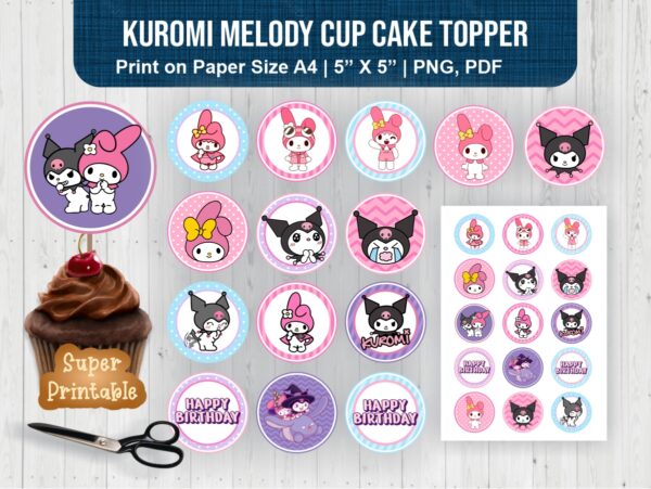 Kuromi Melody Cup Cake Topper Printable A4 and PNG