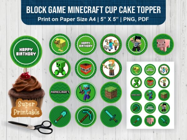 block game minecraft cup cake topper birthday download